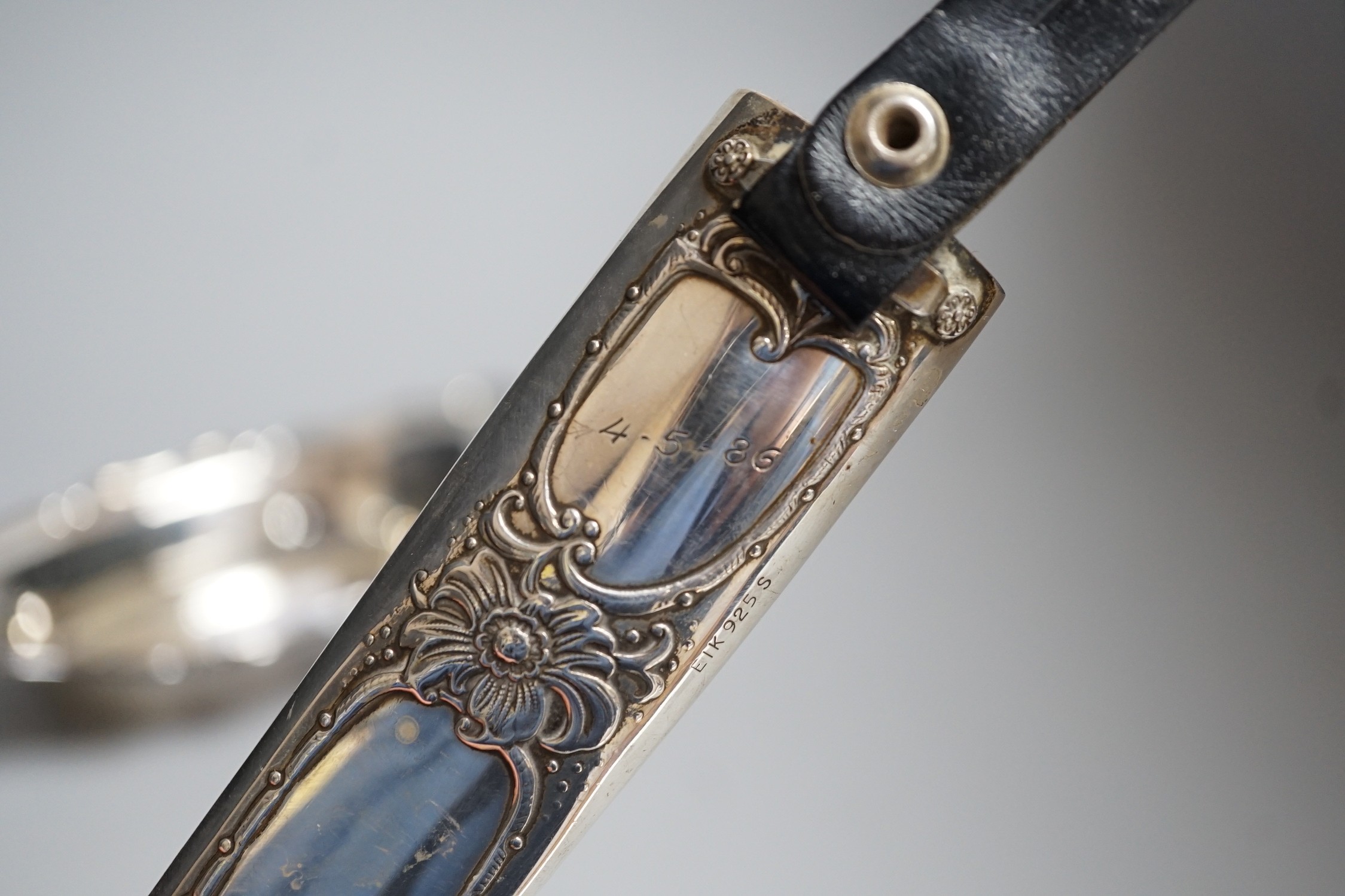 A George V silver bon bon dish, Sheffield, 1928, 19.9cm and a Scandinavian? 925 S white metal mounted dagger sheath, maker EIK.